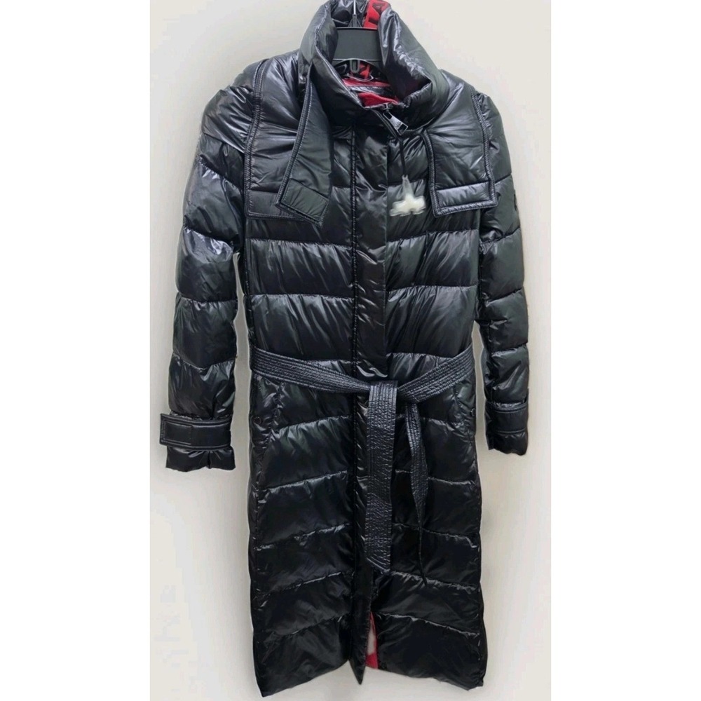 Karl Lagerfeld Paris Womens Black High Shine Long Puffer Coat Hooded Belted XS